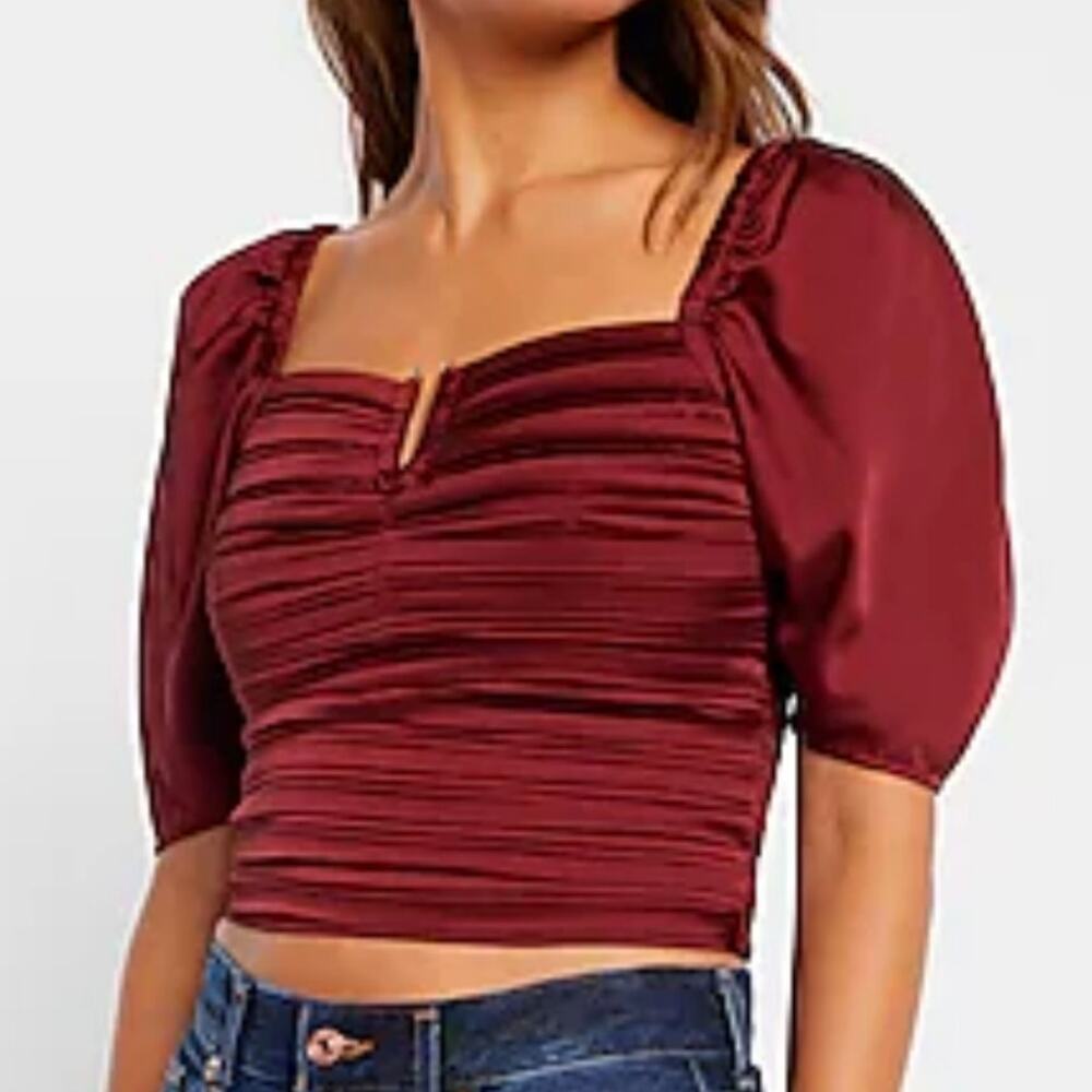 EXPRESS Wine Satin Ruched V-Bar Crop Top Size Medium